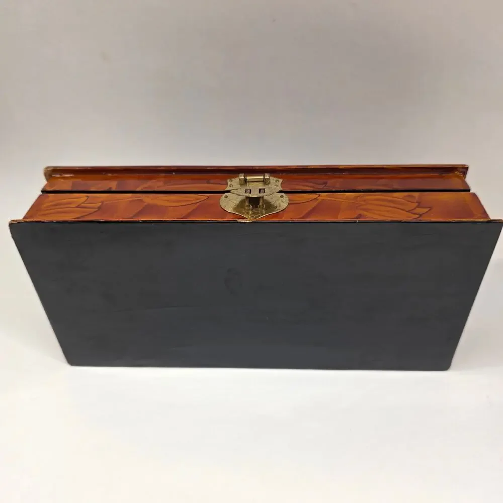 Vintage Chinese Wooden Jewelry Box Brass Hardware Jade Stone Inlay Red Lined